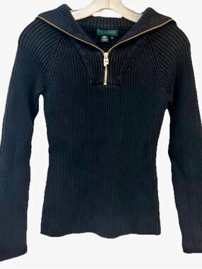 Lauren Ralph Lauren Women’s Ribbed Half Zip Sweater Black Cotton Small